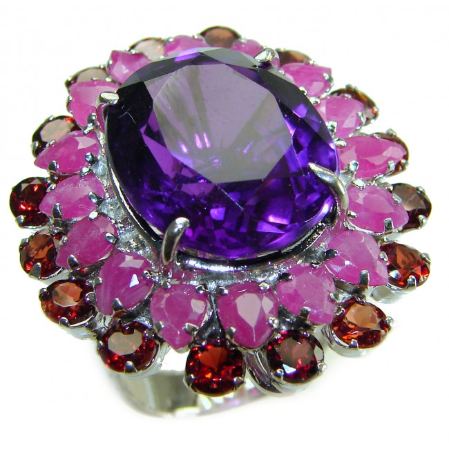 Sofia - Dramatic design 29.5 carat Amethyst Ruby .925 Sterling Silver Handcrafted Ring size 8