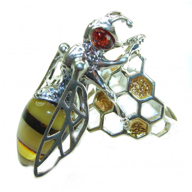 Masterpiece Honey Bee Baltic Polish Amber .925 Sterling Silver handcrafted HUGE ring; s 8 adjustable