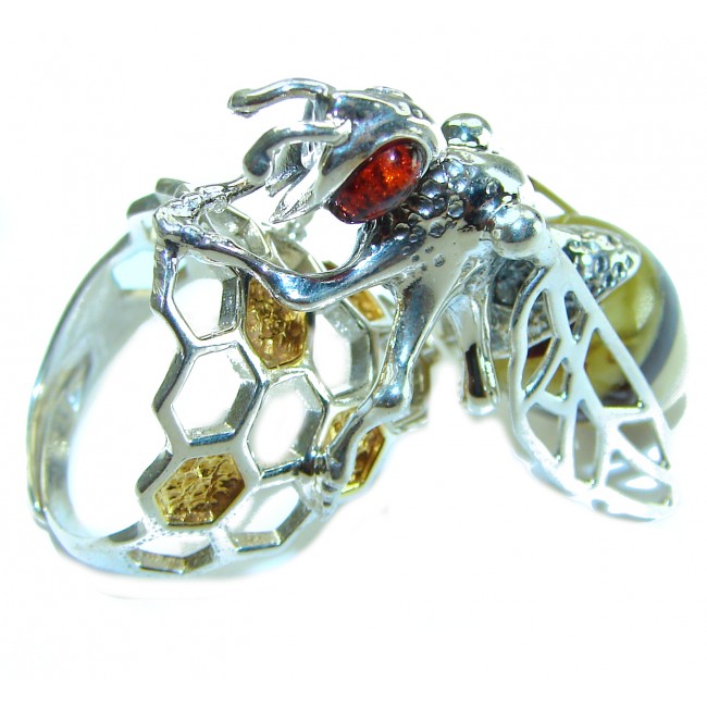 Masterpiece Honey Bee Baltic Polish Amber .925 Sterling Silver handcrafted HUGE ring; s 8 adjustable