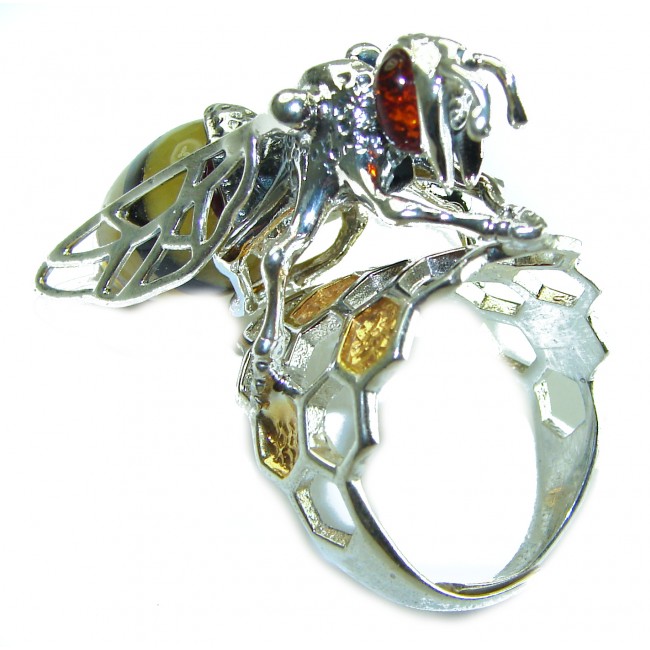 Masterpiece Honey Bee Baltic Polish Amber .925 Sterling Silver handcrafted HUGE ring; s 8 adjustable