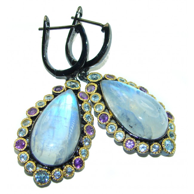 Moonlight Authentic 25.2 carat Fire Moonstone 14k Gold over .925 Sterling Silver handmade Large earrings