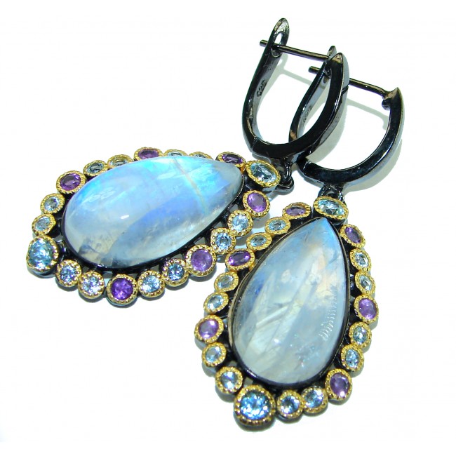 Moonlight Authentic 25.2 carat Fire Moonstone 14k Gold over .925 Sterling Silver handmade Large earrings