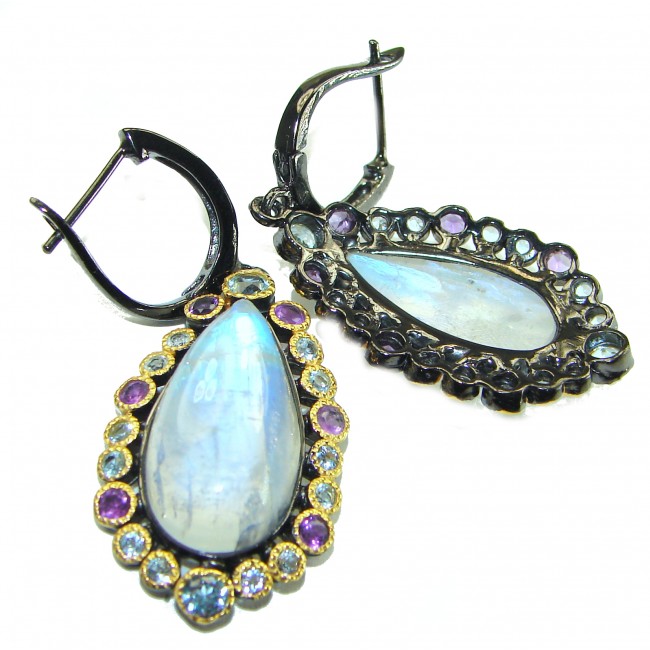 Moonlight Authentic 25.2 carat Fire Moonstone 14k Gold over .925 Sterling Silver handmade Large earrings