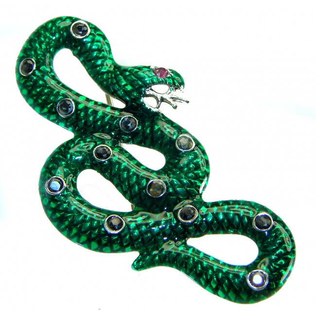 INCREDIBLE Natural Emerald Enamel Snake 18K Gold over .925 Sterling Silver Pendant Brooch