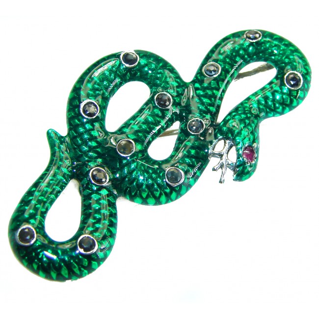 INCREDIBLE Natural Emerald Enamel Snake 18K Gold over .925 Sterling Silver Pendant Brooch