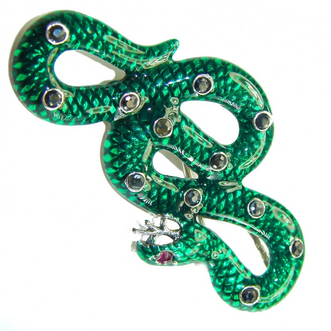 INCREDIBLE Natural Emerald Enamel Snake 18K Gold over .925 Sterling Silver Pendant Brooch