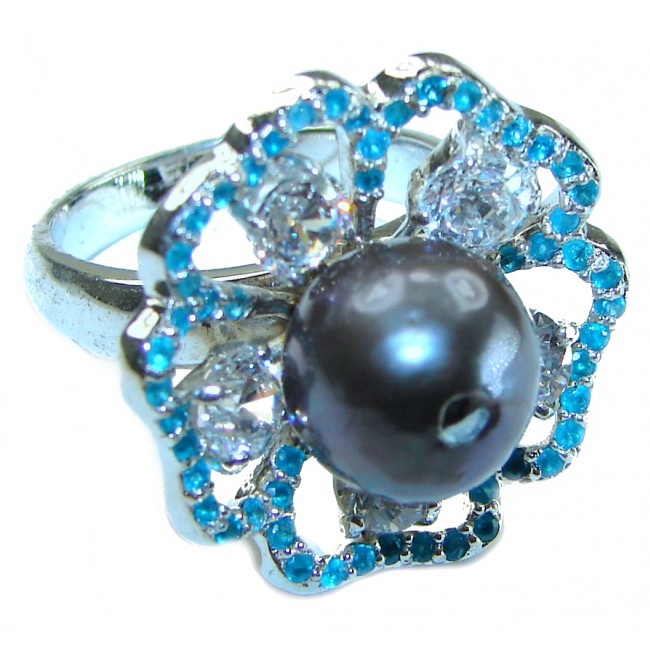 Victorian Style Black Pearl .925 Sterling Silver handcrafted Ring s. 7