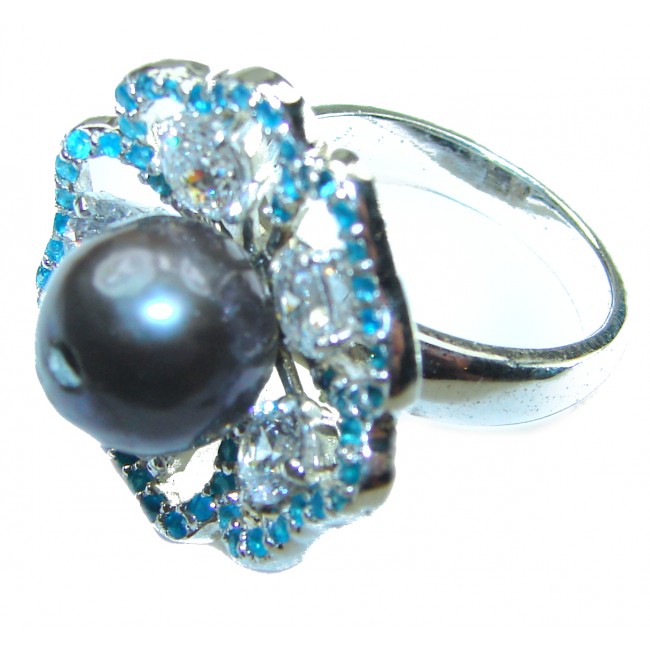 Victorian Style Black Pearl .925 Sterling Silver handcrafted Ring s. 7