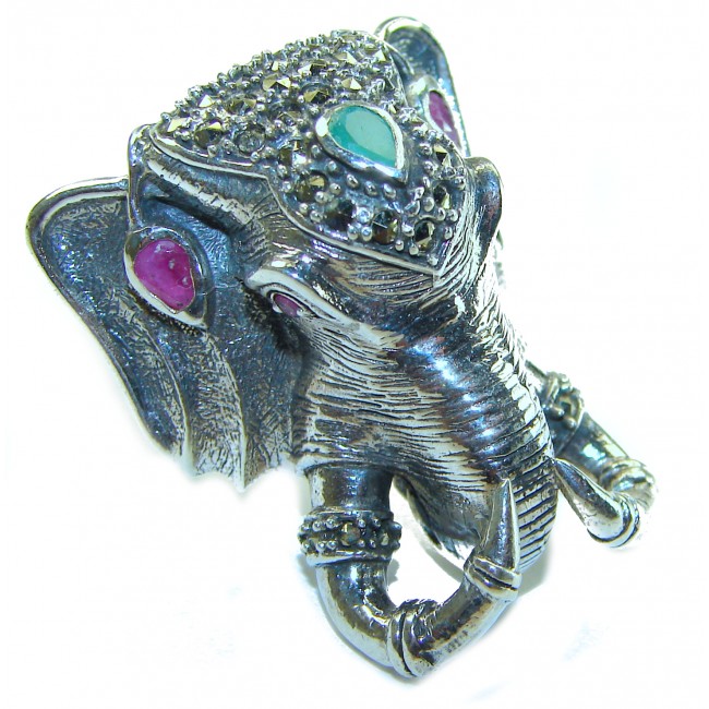 Huge 28.5 grams Lucky Elephant unique Ruby .925 Sterling Silver handcrafted Ring size 8