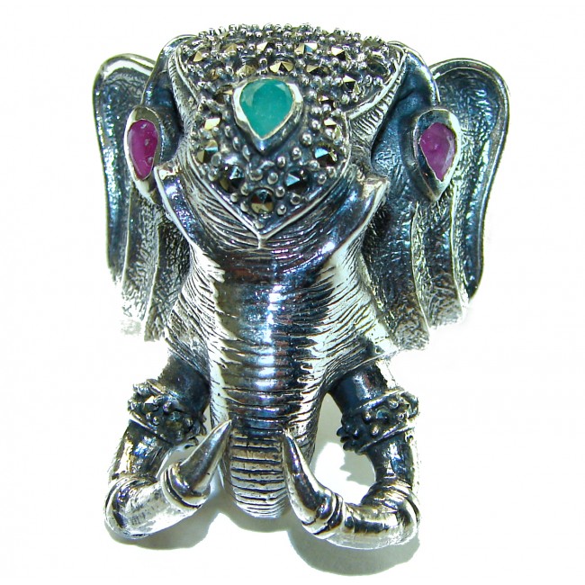 Huge 28.5 grams Lucky Elephant unique Ruby .925 Sterling Silver handcrafted Ring size 8