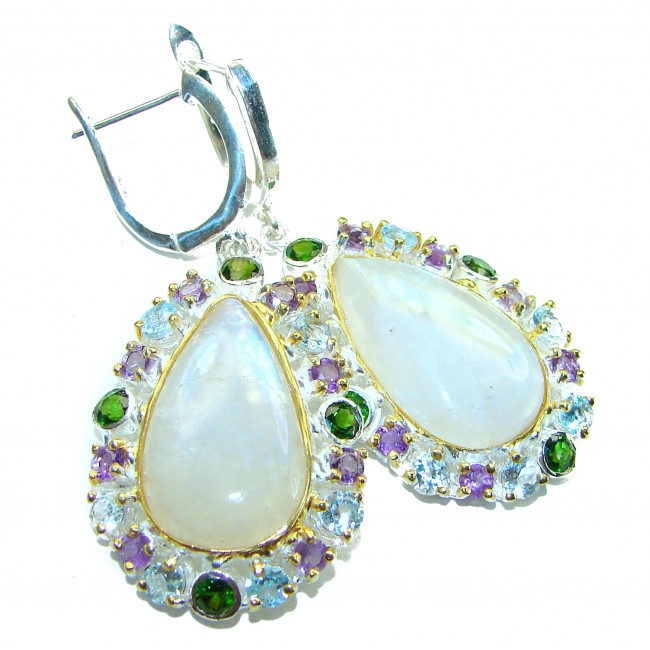 Moonlight Authentic 27.2 carat Fire Moonstone 14k Gold over .925 Sterling Silver handmade Large earrings