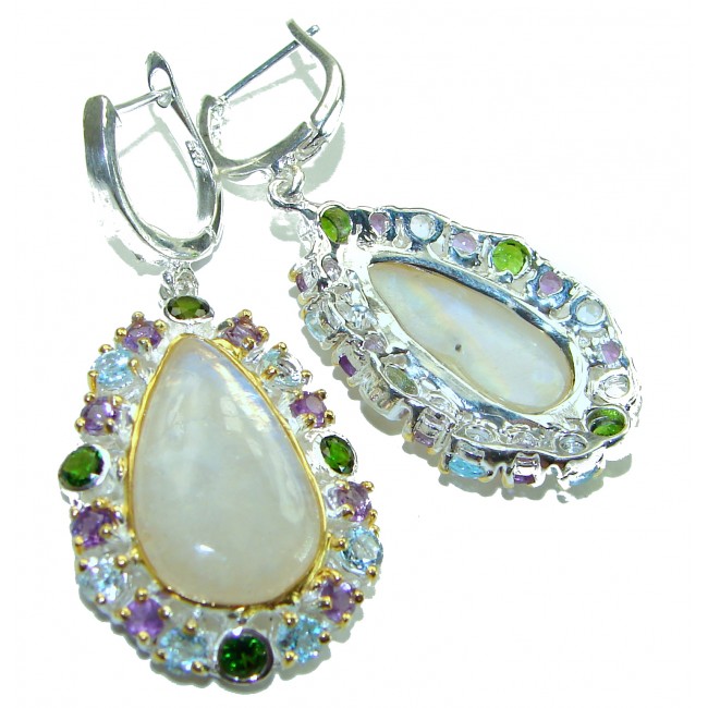 Moonlight Authentic 27.2 carat Fire Moonstone 14k Gold over .925 Sterling Silver handmade Large earrings