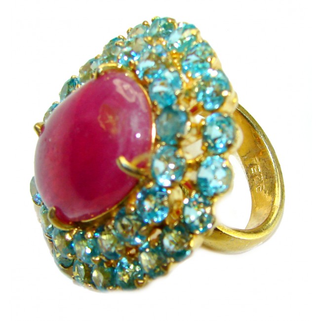 Vintage Design 14.2 carat natural Ruby Swiss Blue Topaz 18K Gold over over .925 Sterling Silver handcrafted Statement ring Size 7 1/4