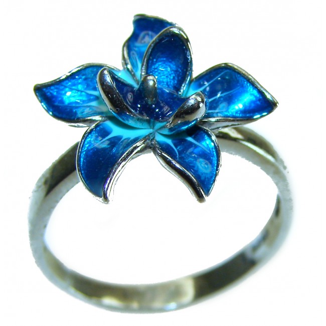 Blue Flower enamel .925 Sterling Silver handmade Ring size 8