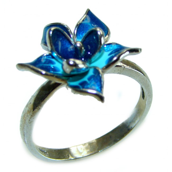 Blue Flower enamel .925 Sterling Silver handmade Ring size 8