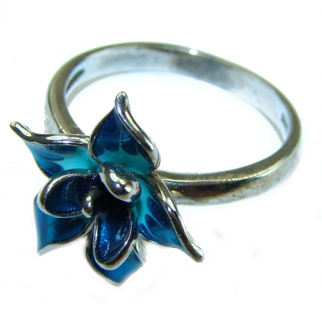 Blue Flower enamel .925 Sterling Silver handmade Ring size 8