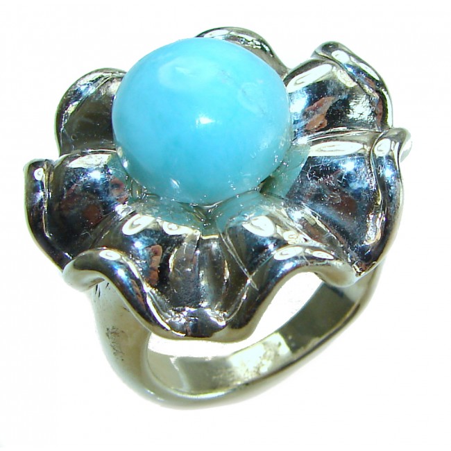 Precious Flower Blue Larimar .925 Sterling Silver handmade ring size 8