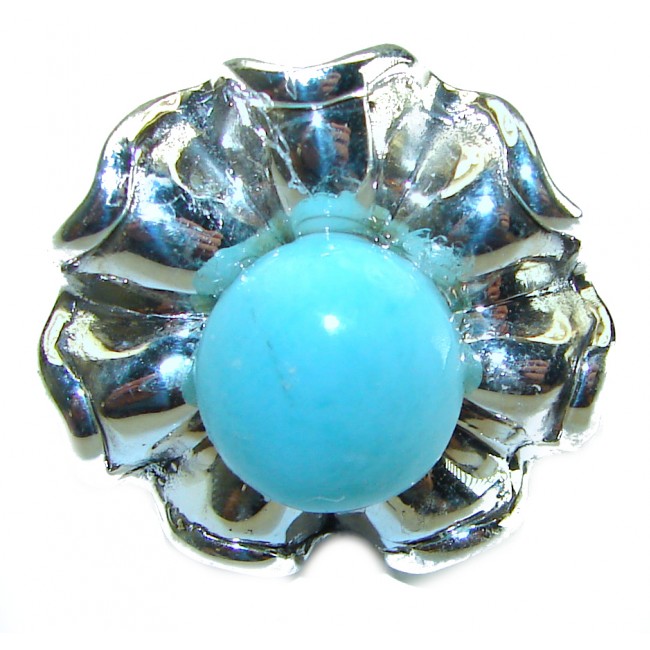 Precious Flower Blue Larimar .925 Sterling Silver handmade ring size 8