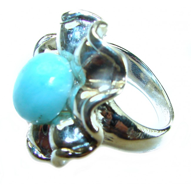 Precious Flower Blue Larimar .925 Sterling Silver handmade ring size 8