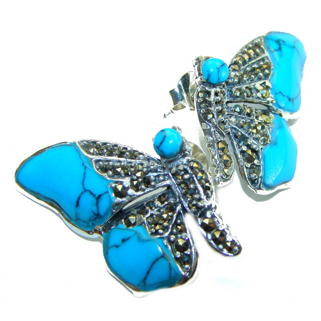 Blue Butterfly Precious natural Turquoise .925 Sterling Silver handcrafted Earrings