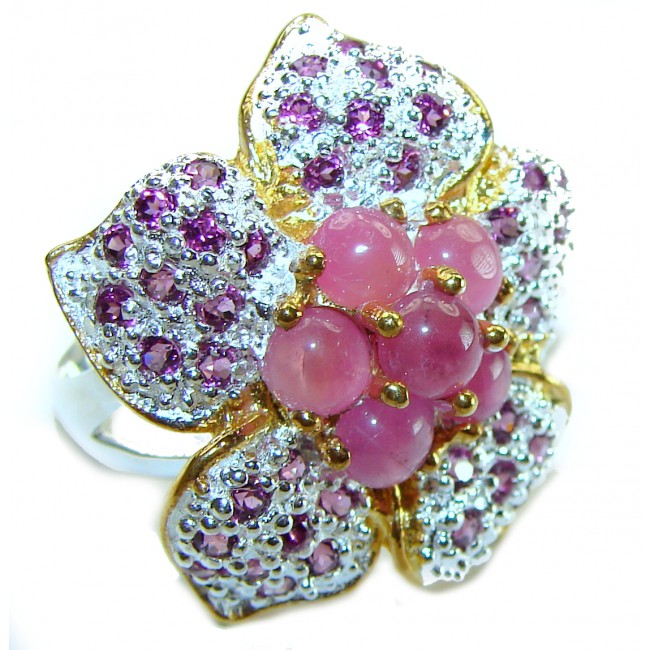 Magnificent Flower 9.7 carat Natural Ruby 2 tones . 925 Sterling Silver handcrafted Statement Ring size 7