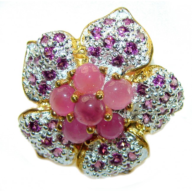 Magnificent Flower 9.7 carat Natural Ruby 2 tones . 925 Sterling Silver handcrafted Statement Ring size 7