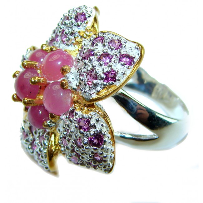 Magnificent Flower 9.7 carat Natural Ruby 2 tones . 925 Sterling Silver handcrafted Statement Ring size 7