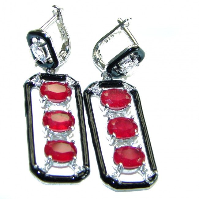 Art Deco Ruby black enamel .925 Sterling Silver handcrafted earrings