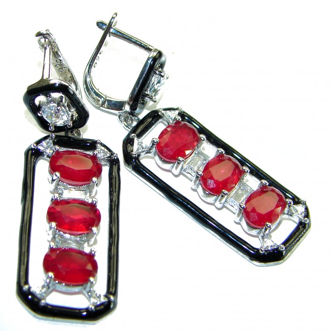 Art Deco Ruby black enamel .925 Sterling Silver handcrafted earrings