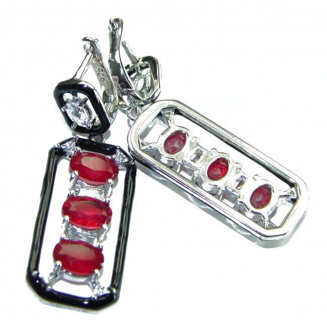 Art Deco Ruby black enamel .925 Sterling Silver handcrafted earrings