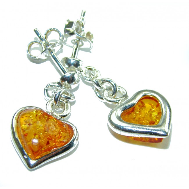 Golden Honey Hearts authentic Baltic Amber .925 Sterling Silver earrings