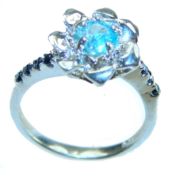 Blue Flower 2.7 carat Blue Swiss Topaz .925 Sterling Silver handcrafted Ring size 7 1/2