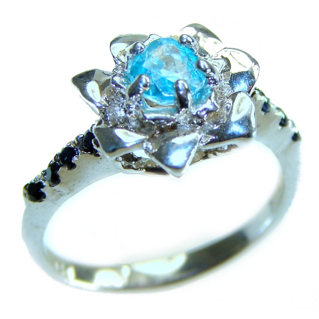 Blue Flower 2.7 carat Blue Swiss Topaz .925 Sterling Silver handcrafted Ring size 7 1/2