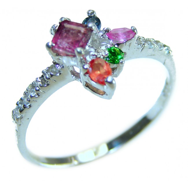 Authentic 2.3 carat Ruby Emerald Sapphire .925 Sterling Silver handmade Cocktail Ring s. 9