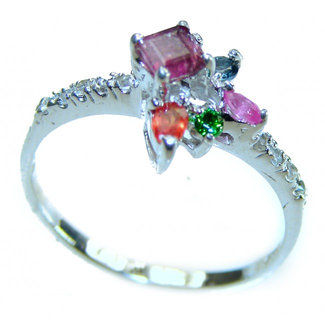 Authentic 2.3 carat Ruby Emerald Sapphire .925 Sterling Silver handmade Cocktail Ring s. 9