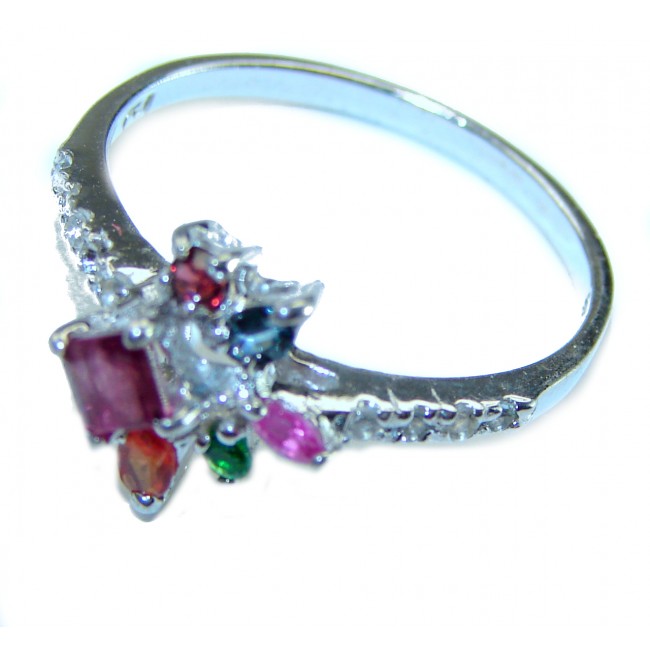 Authentic 2.3 carat Ruby Emerald Sapphire .925 Sterling Silver handmade Cocktail Ring s. 9