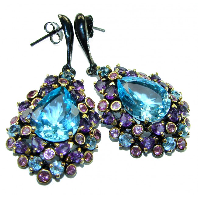 Ocean's Drop natural 14.9 carat Blue Topaz black rhodium over .925 Sterling Silver handmade Statement earrings