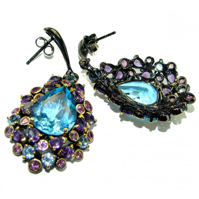 Ocean's Drop natural 14.9 carat Blue Topaz black rhodium over .925 Sterling Silver handmade Statement earrings