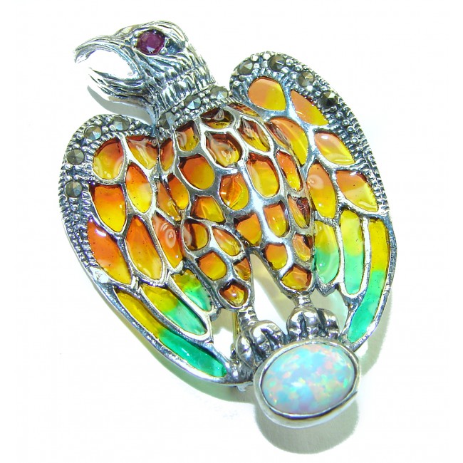 Natural Enamel Eagle Australian Opal .925 Sterling Silver Brooch Pendant Brooch