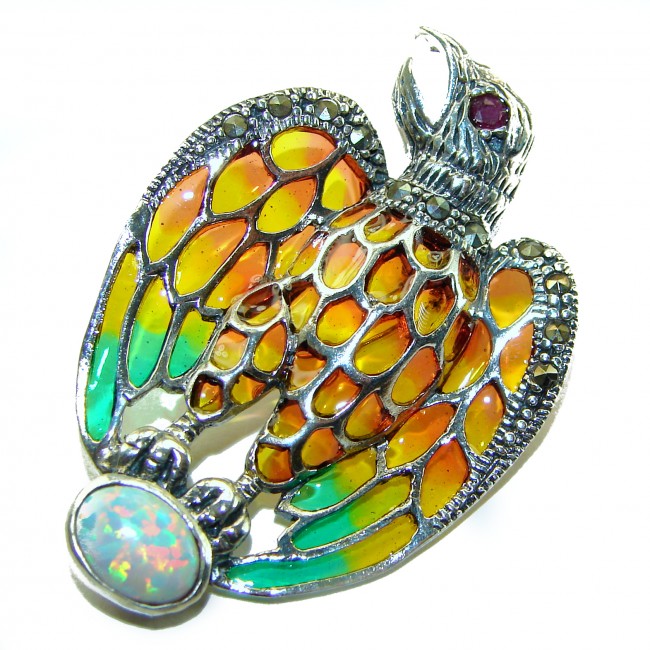 Natural Enamel Eagle Australian Opal .925 Sterling Silver Brooch Pendant Brooch