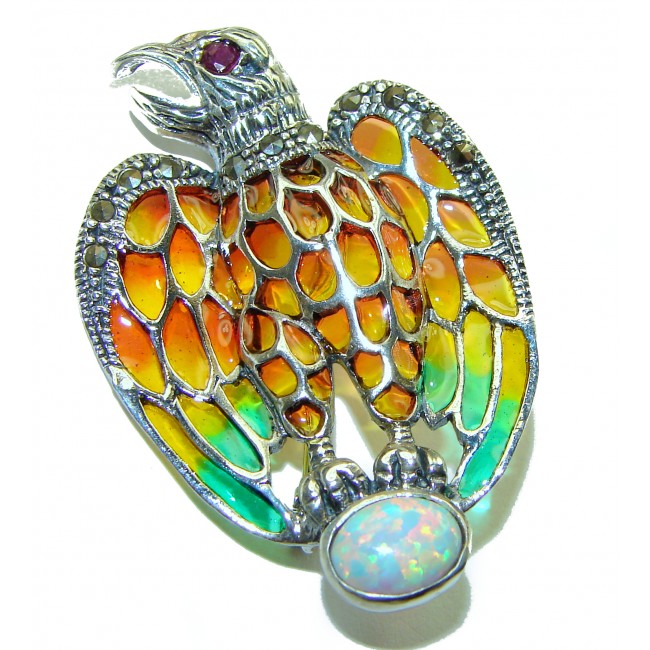 Natural Enamel Eagle Australian Opal .925 Sterling Silver Brooch Pendant Brooch