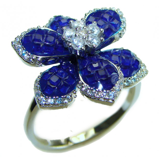 Luxurious Flower Sapphire .925 Sterling Silver handcrafted Ring size 8 1/4