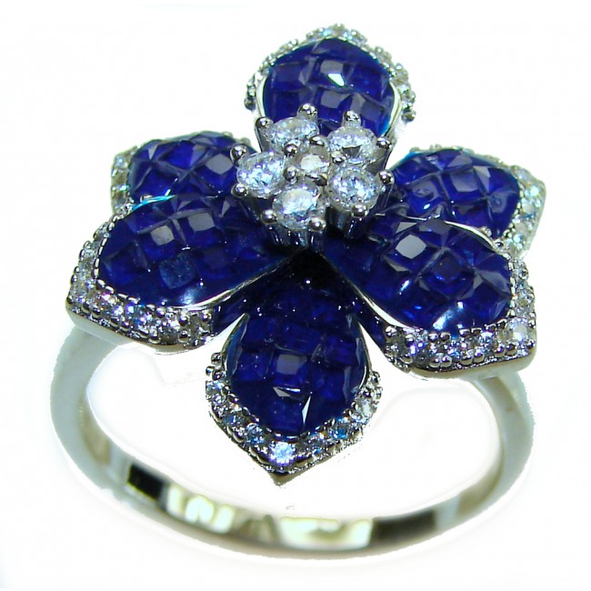 Luxurious Flower Sapphire .925 Sterling Silver handcrafted Ring size 8 1/4