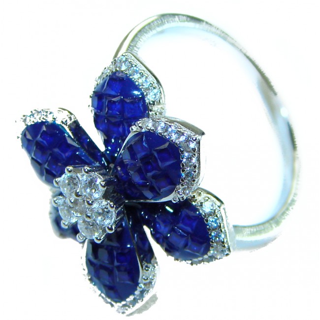 Luxurious Flower Sapphire .925 Sterling Silver handcrafted Ring size 8 1/4