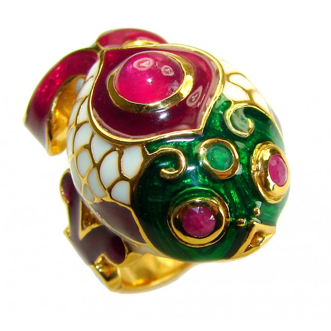 Luxurious Lucky Fish 5.2 carat Natural Ruby Enamel 18K Gold over .925 Sterling Silver Huge handcrafted Ring s. 6