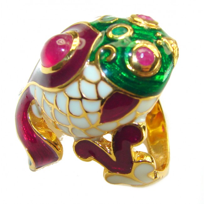 Luxurious Lucky Fish 5.2 carat Natural Ruby Enamel 18K Gold over .925 Sterling Silver Huge handcrafted Ring s. 6