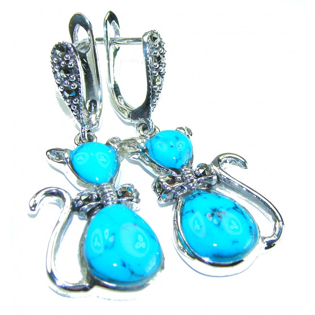 Spectacular Blue Cats inlay Turquoise .925 Sterling Silver handcrafted Earrings