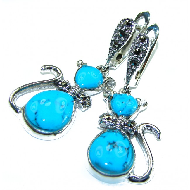 Spectacular Blue Cats inlay Turquoise .925 Sterling Silver handcrafted Earrings