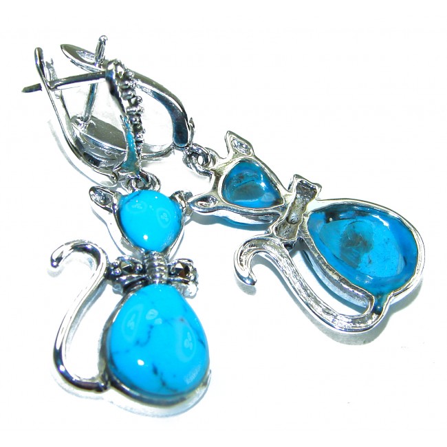 Spectacular Blue Cats inlay Turquoise .925 Sterling Silver handcrafted Earrings