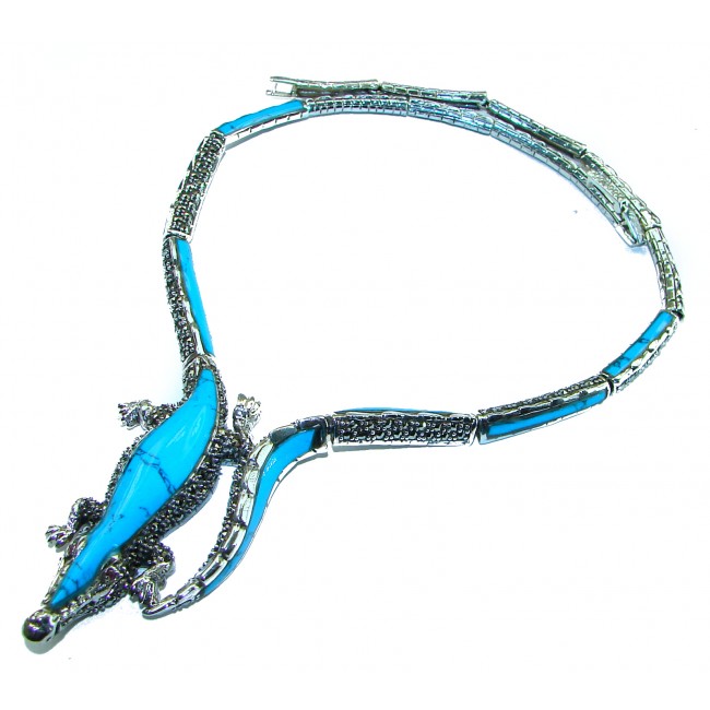 MASSIVE Alligator Genuine Turquoise Marcasite .925 Sterling Silver handmade handcrafted Necklace